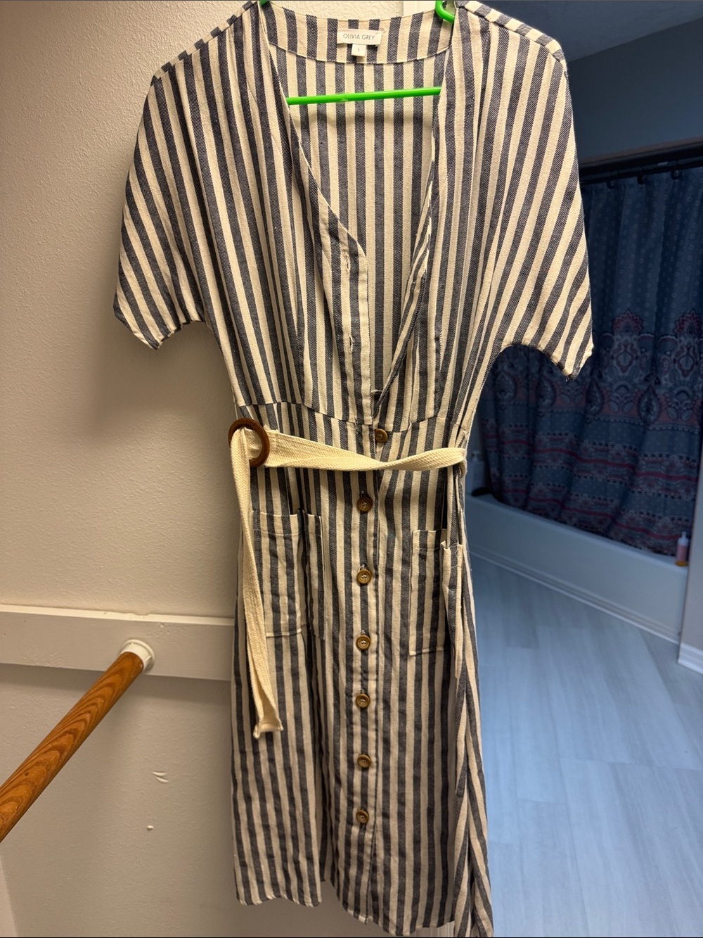 Oliva Grey Navy & White Striped Midi Dress with Belt